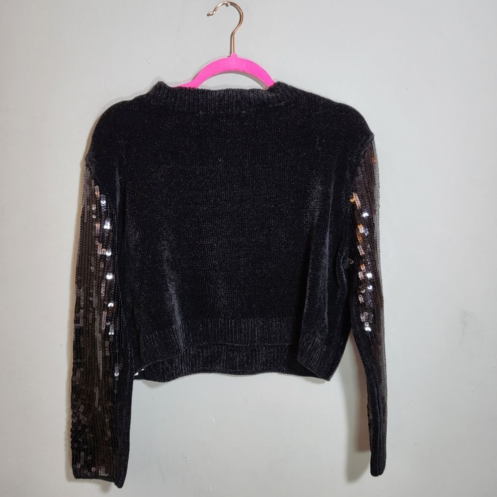 ZARA NWOT Sequins Black Top | Size M | Cropped | Plush Knit Back | Long Sleeve - Picture 9 of 11